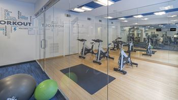 A gym with exercise equipment and glass walls